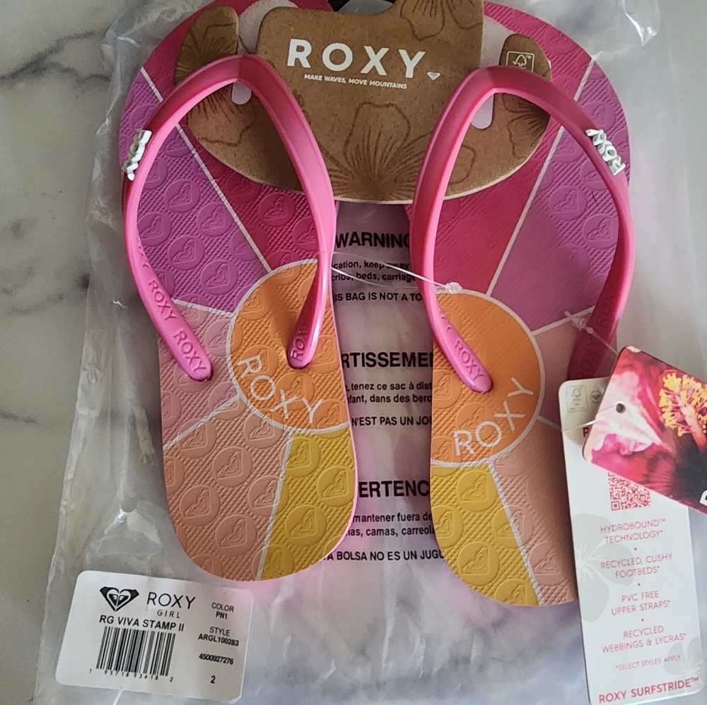 Roxy Girl's Girl's Viva Stamp Sandal|Flip Flop Sandals|NWT| TODDLER SIZE 2| PINK